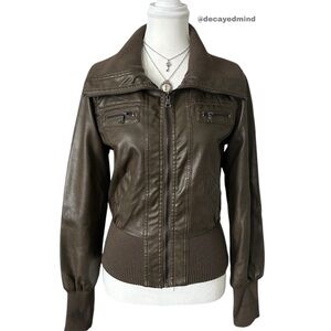 Y2K “Ci Sono” Dark Green/Brown Mix Faux Leather Biker Style Zip-up Jacket